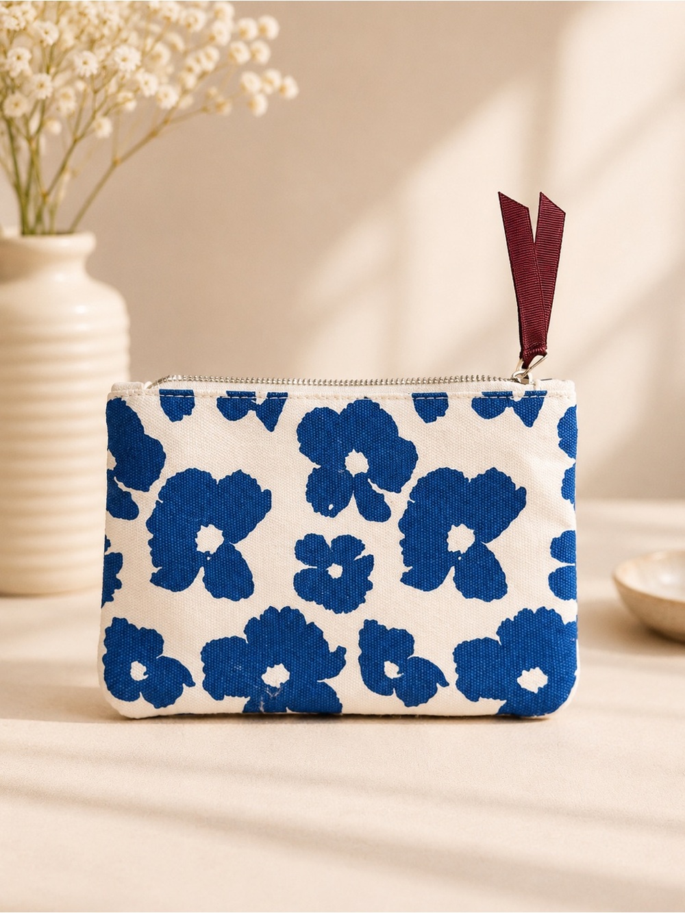 ipsy Blue Floral Canvas Zip Pouch with Maroon Pull